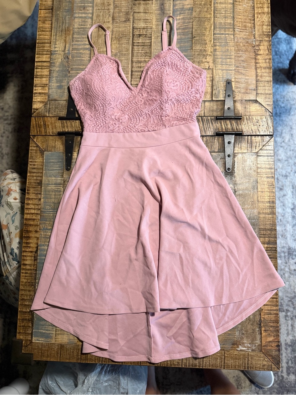 Lace Bodice Spaghetti Strap High-Low Dress in Dusty Rose